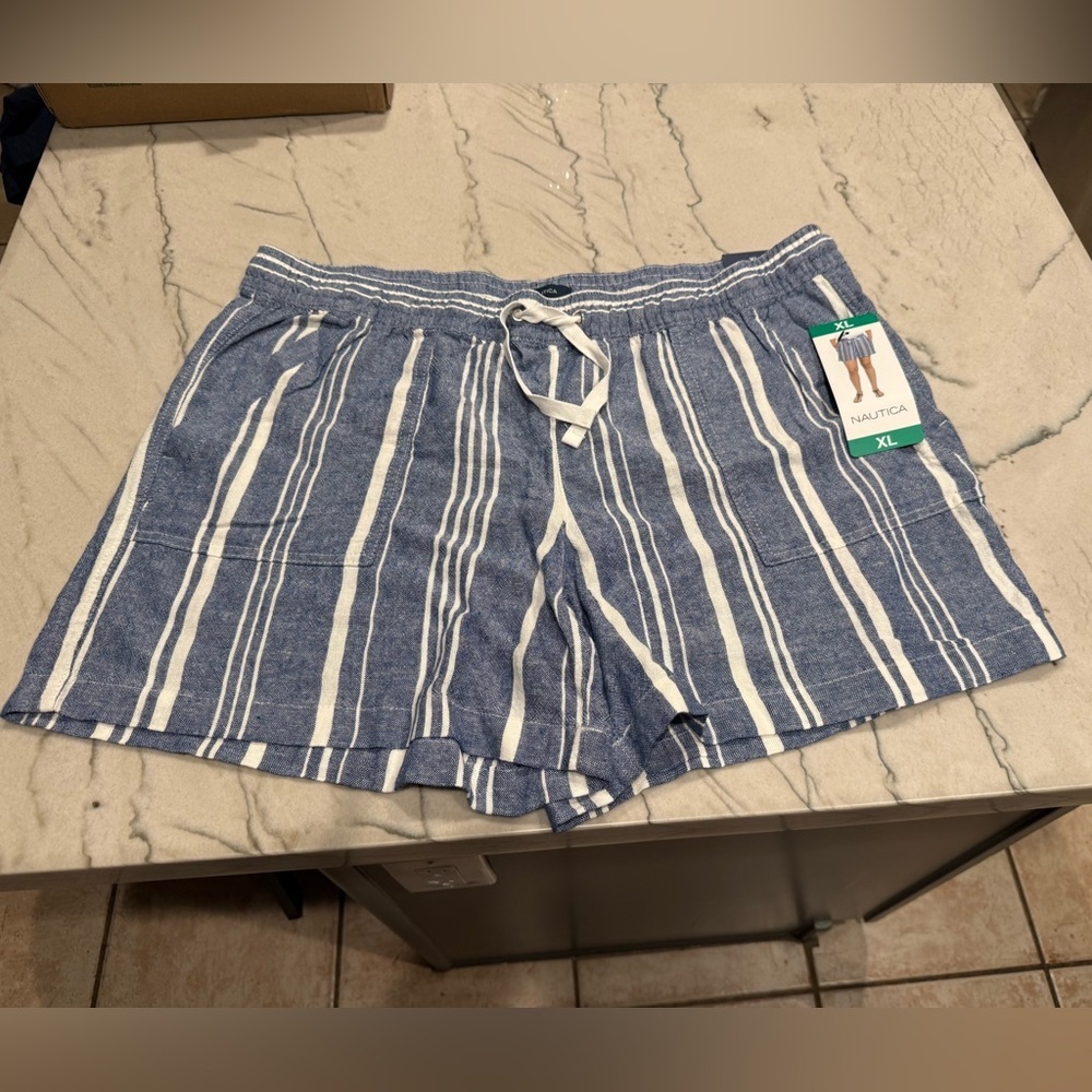 NAUTICA Women's Blue Shorts Size XL X-Large Striped Linen Boho Pockets NWT - Picture 3 of 15